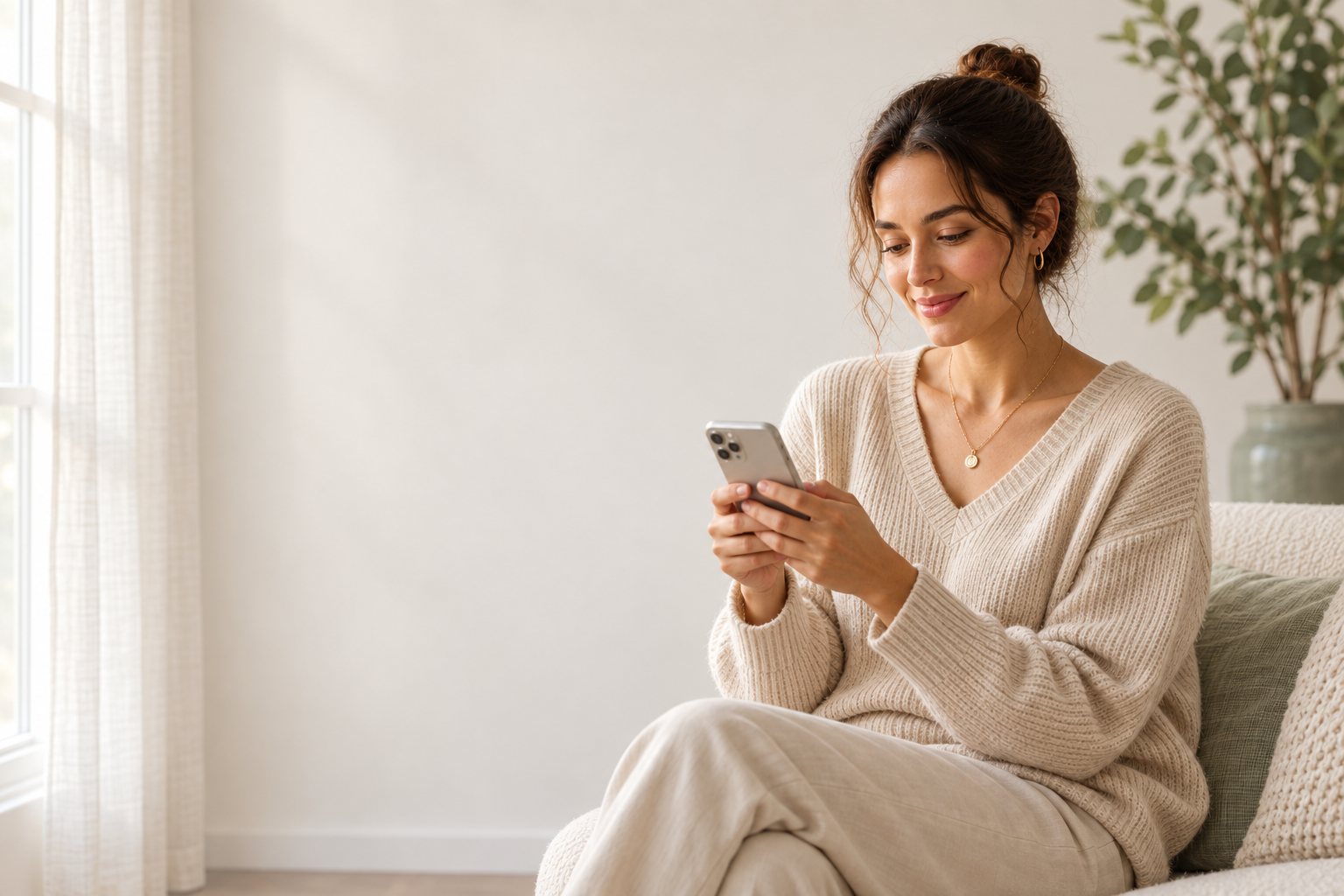 A woman in a bright living room smiles at her phone.